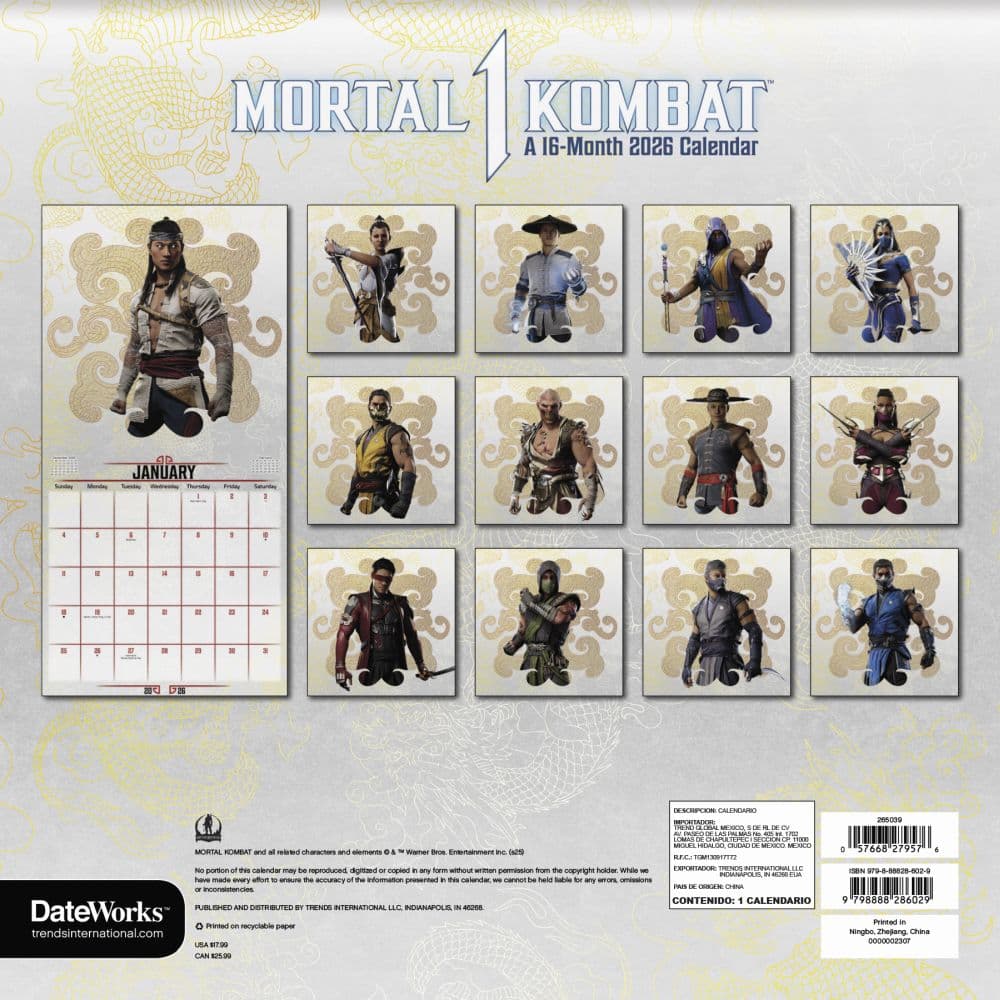 Mortal Kombat 2026 Wall Calendar First Alternate Image