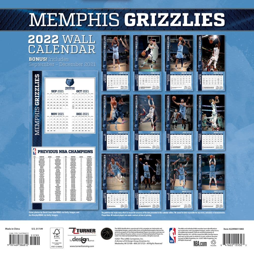 Memphis Grizzlies Schedule 2022 Nba Memphis Grizzlies 2022 Wall Calendar - Calendars.com