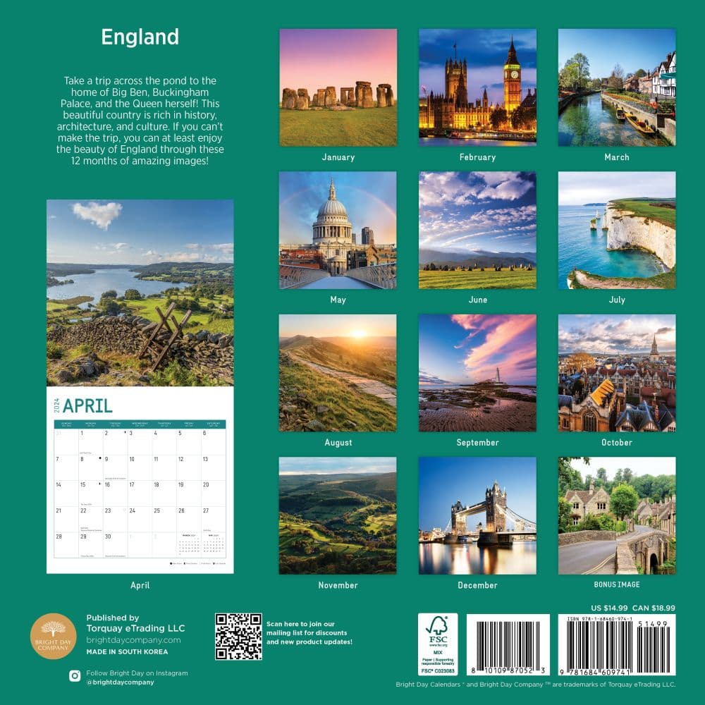 England 2024 Wall Calendar