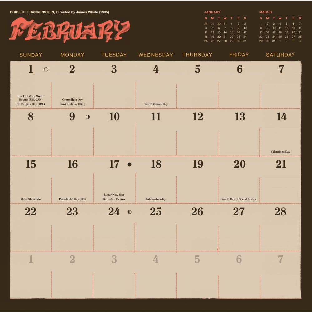 Classic Horror Movies 2026 Wall Calendar Second Alternate Image