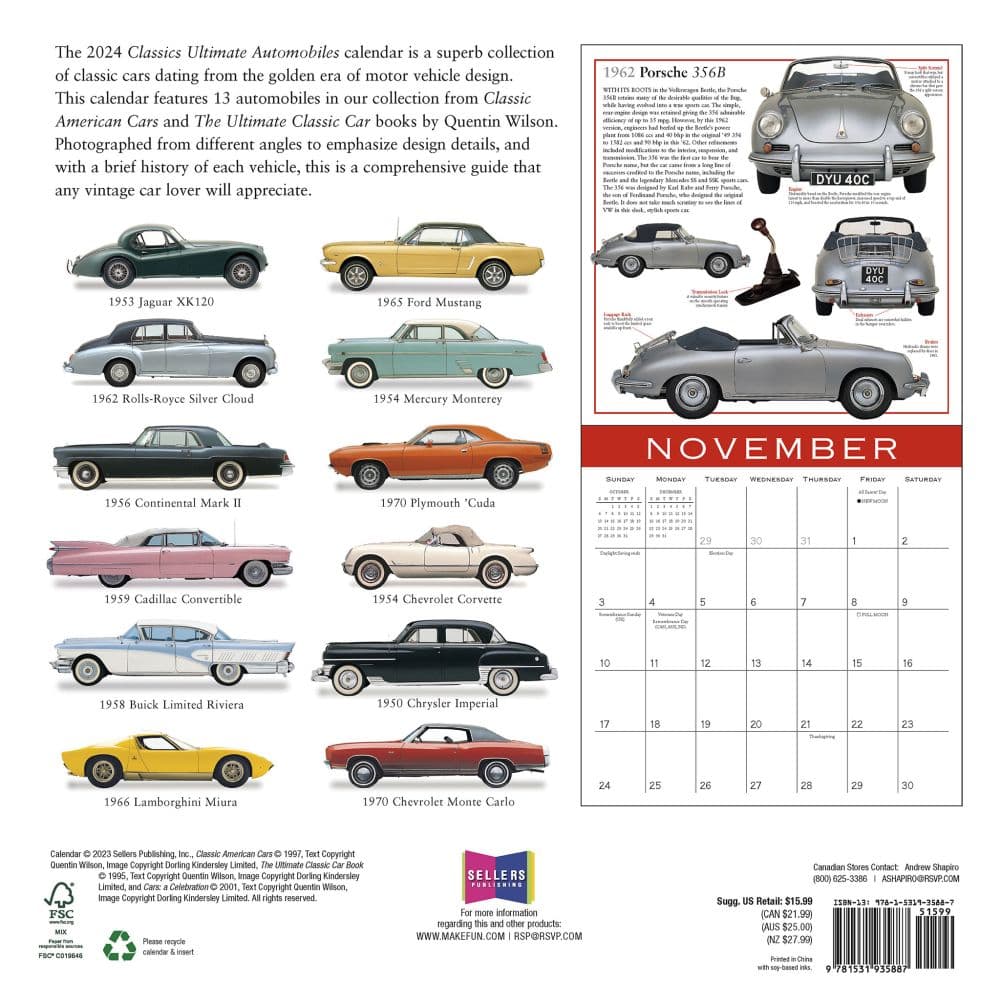 Automobiles Ultimate Classics 2024 Wall Calendar Alternate Image 1