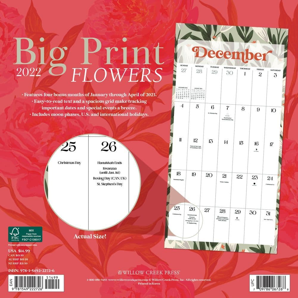 big print flowers 2022 wall calendar calendarscom