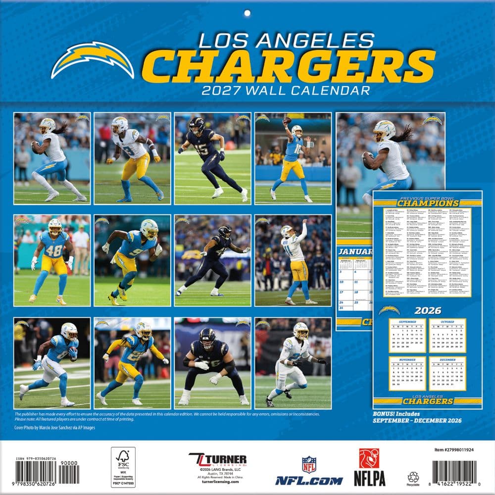NFL Los Angeles Chargers 2027 Wall Calendar First Alternate Image