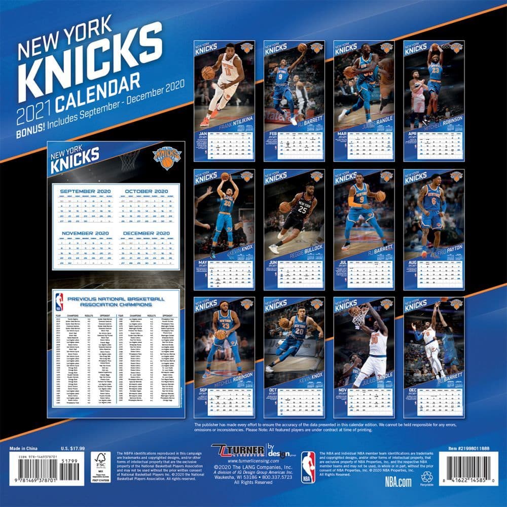 21998011888 Details about   TURNER Sports New York Knicks 2021 12X12 Team Wall Calendar 