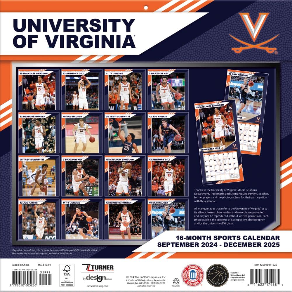 COL Virginia Cavaliers 2025 Wall Calendar Fifth Alternate Image