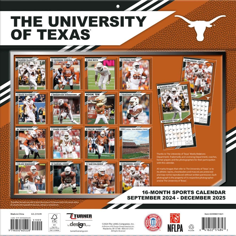 COL Texas Longhorns 2025 Wall Calendar Fifth Alternate Image