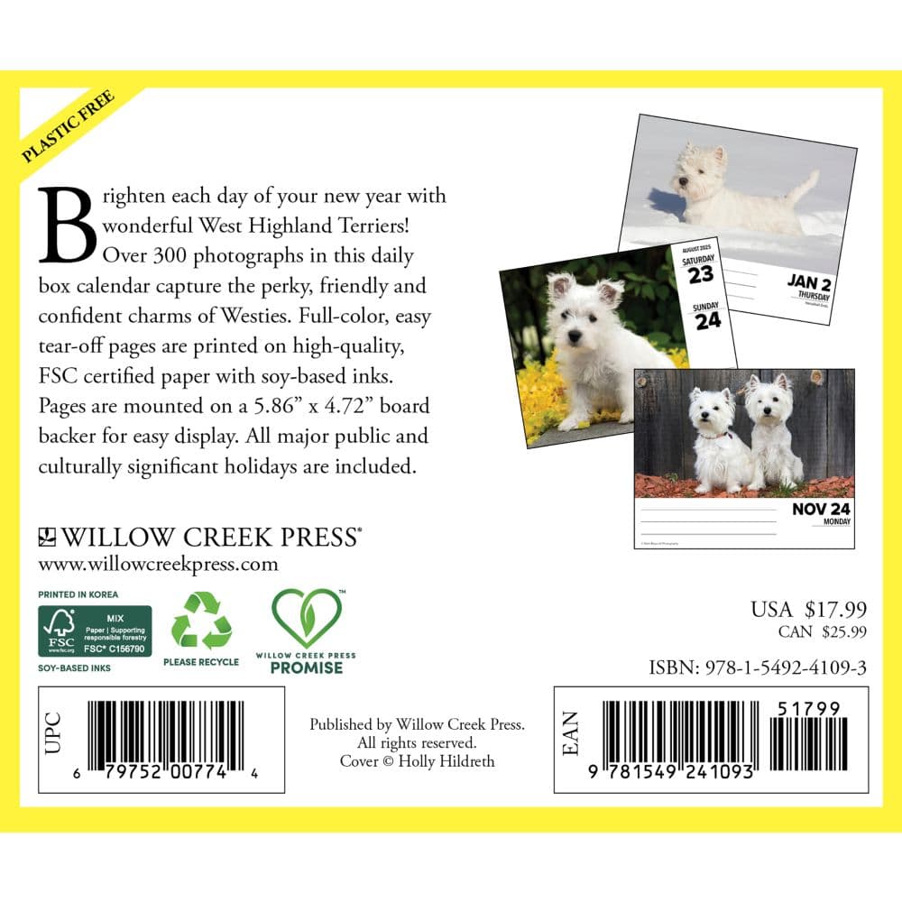 Just Westies 2025 Desk Calendar back of box