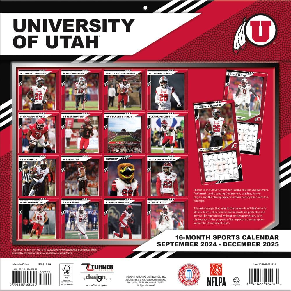 COL Utah Utes 2025 Wall Calendar Fifth Alternate Image