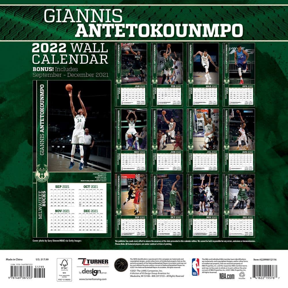Bucks Schedule 2022 23 Milwaukee Bucks Giannis Antetokounmpo 2022 Wall Calendar - Calendars.com
