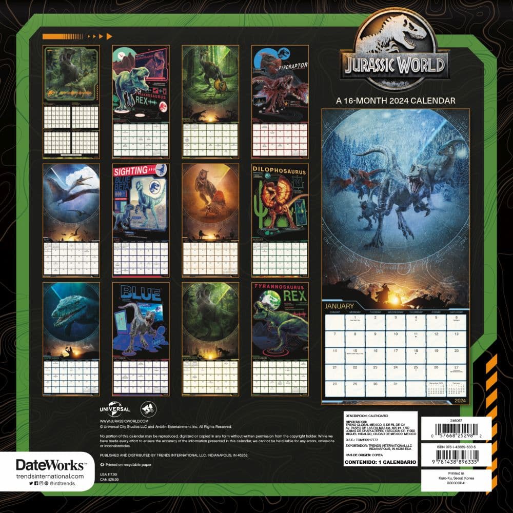 Jurassic World Dominion 2024 Wall Calendar