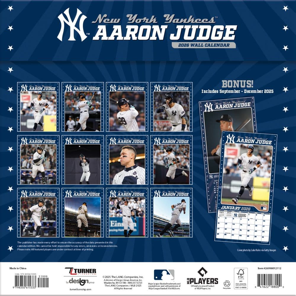 MLB Aaron Judge 2026 Wall Calendar First Alternate Image