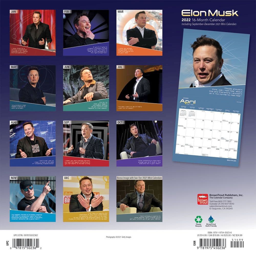 Elon 2022 Calendar Elon Musk 2022 Wall Calendar - Calendars.com
