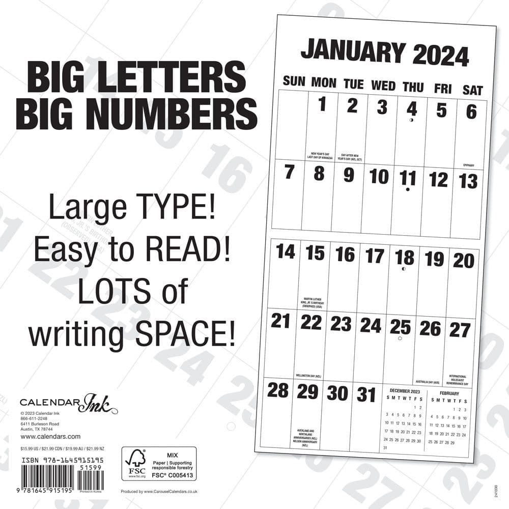 Big Letters Big Numbers 2024 Wall Calendar