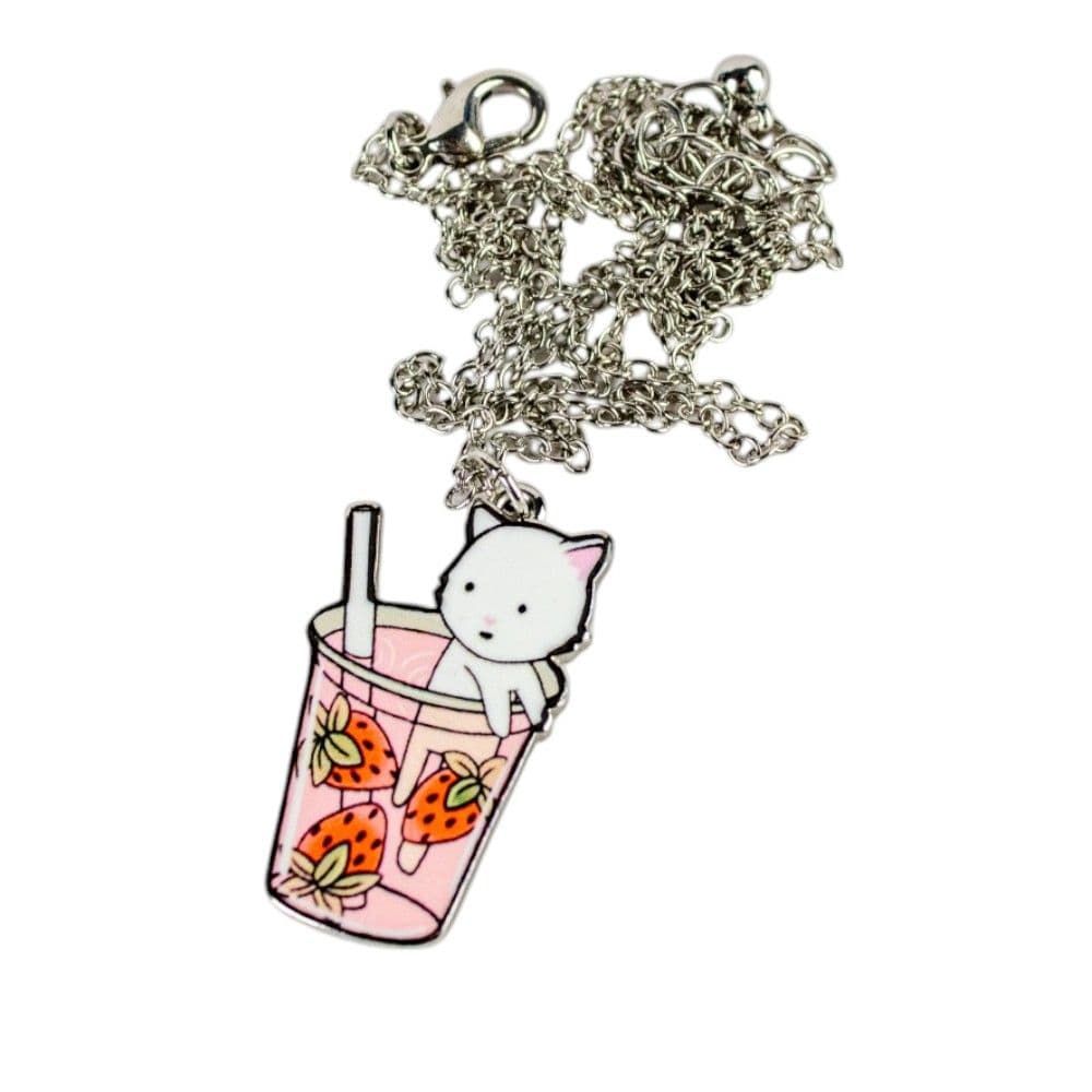 White Cat in Strawberry Cup Necklace Silver flat