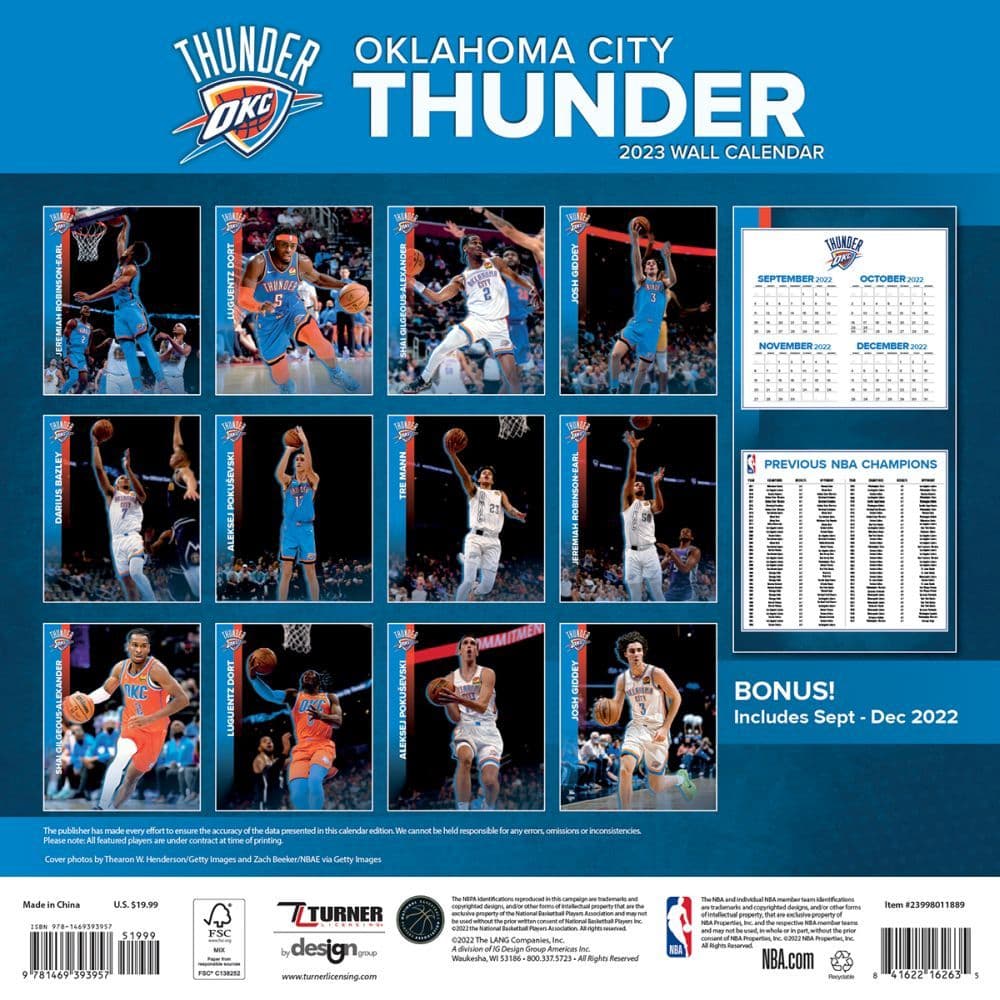 NBA Oklahoma City Thunder 2023 Wall Calendar - Calendars.com