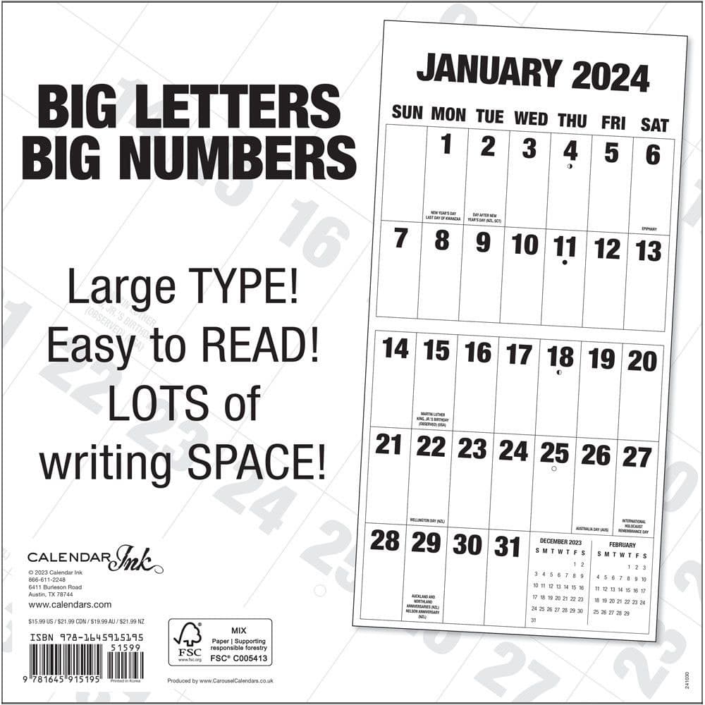 Big Letters Big Numbers 2024 Wall Calendar Alternate Image 1