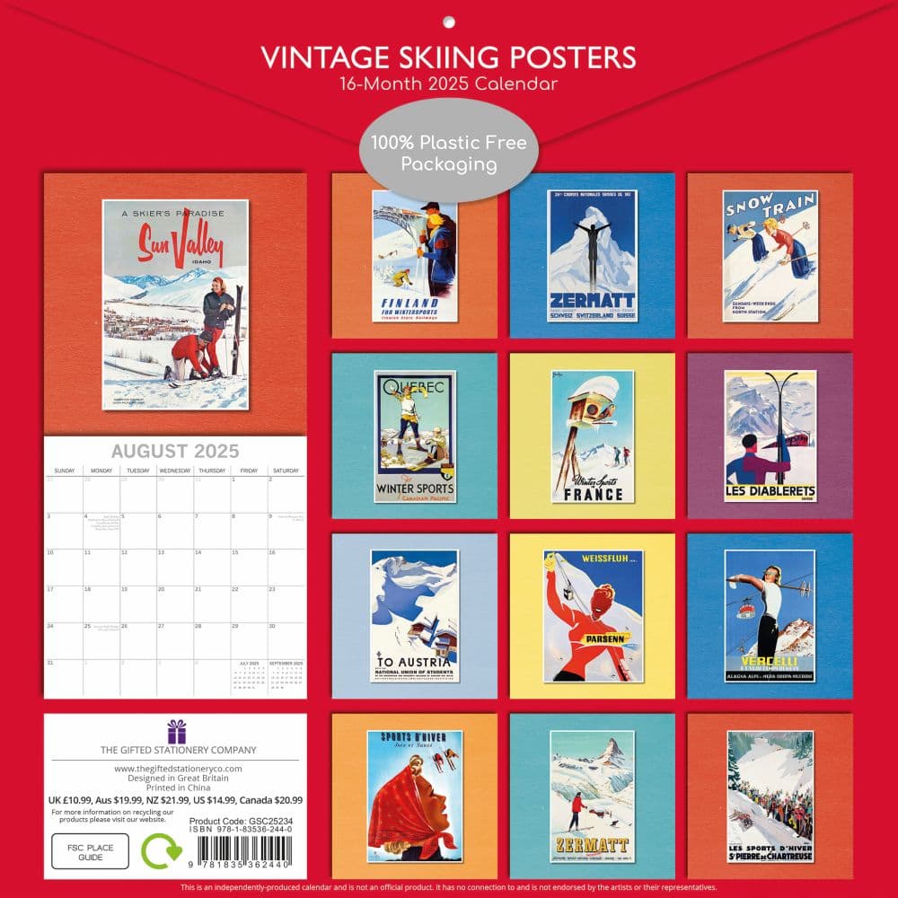 Vintage Skiing Posters 2025 Wall Calendar