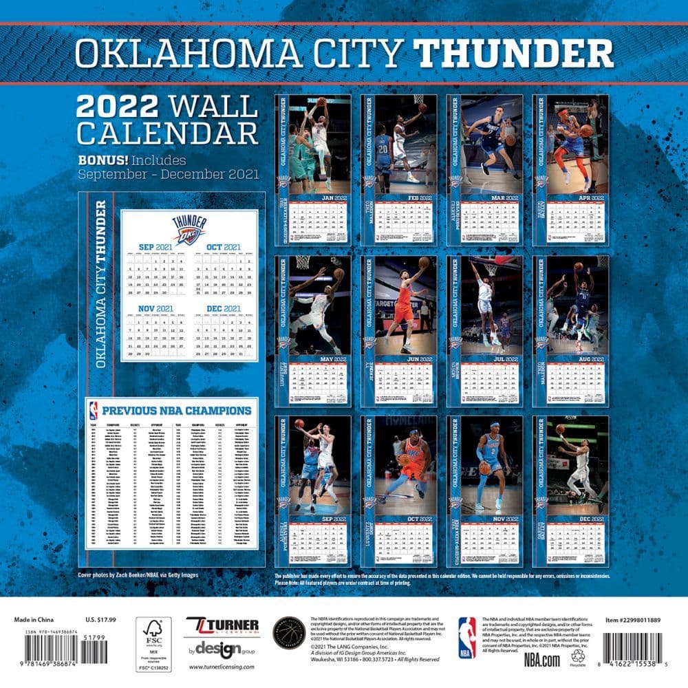 Okc Schedule 2022 Nba Oklahoma City Thunder 2022 Wall Calendar - Calendars.com