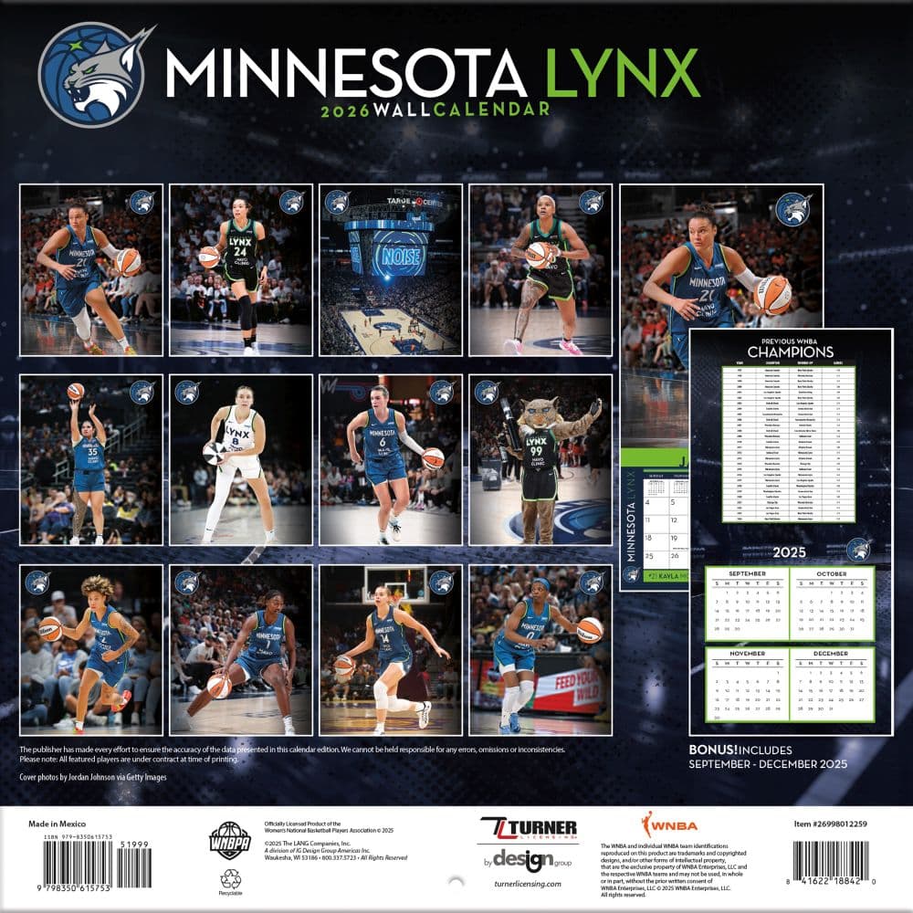 WNBA Minnesota Lynx 2026 Wall Calendar First Alternate Image
