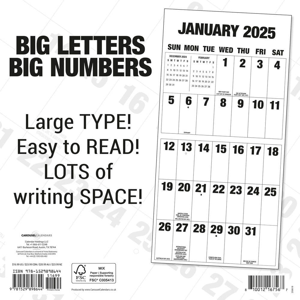 Big Letters Big Numbers 2025 Wall Calendar First Alternate Image width="1000" height="1000"