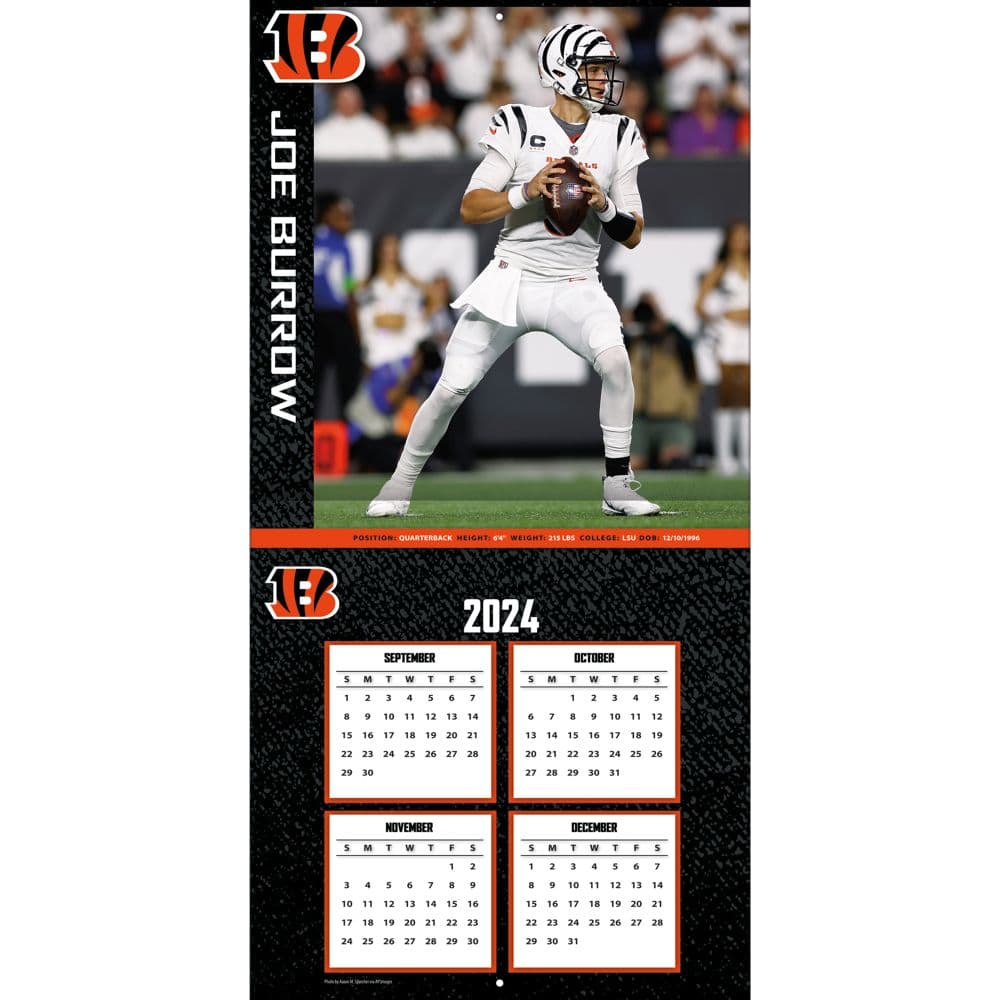 NFL Cincinnati Bengals Joe Burrow 2025 Wall Calendar Second Alternate