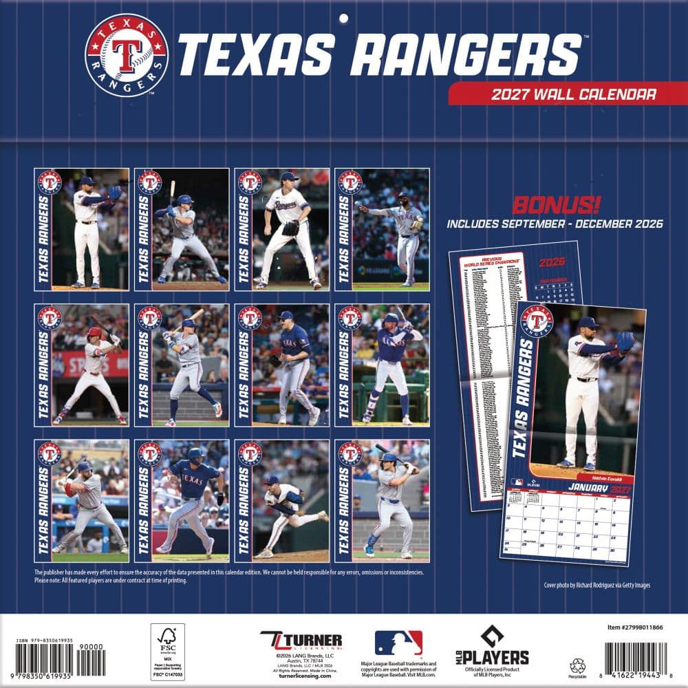 MLB Texas Rangers 2027 Wall Calendar First Alternate Image