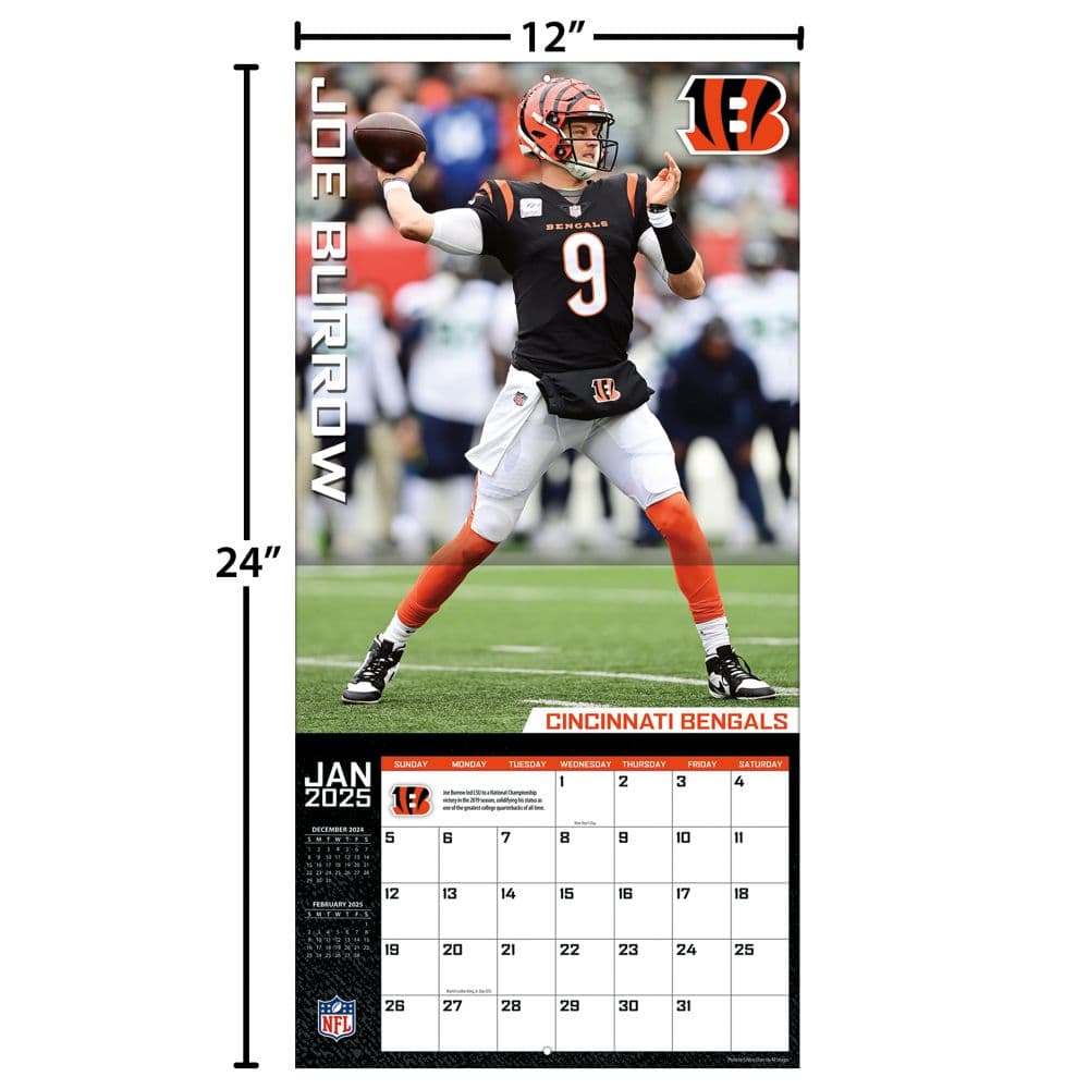 NFL Cincinnati Bengals Joe Burrow 2025 Wall Calendar Fifth  Alternate