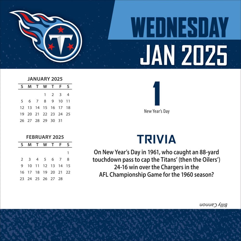 NFL Tennessee Titans 2025 Desk Calendar week day