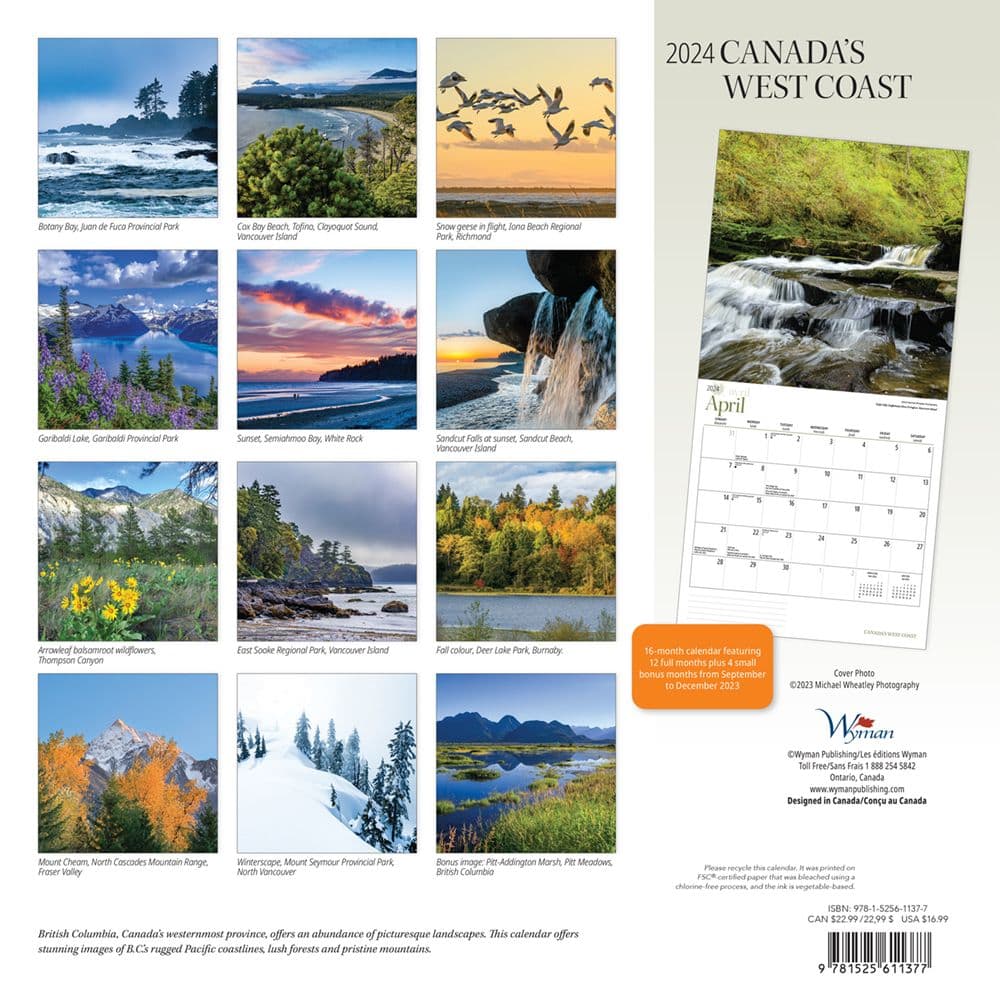 Canada West Coast 2024 Wall Calendar back