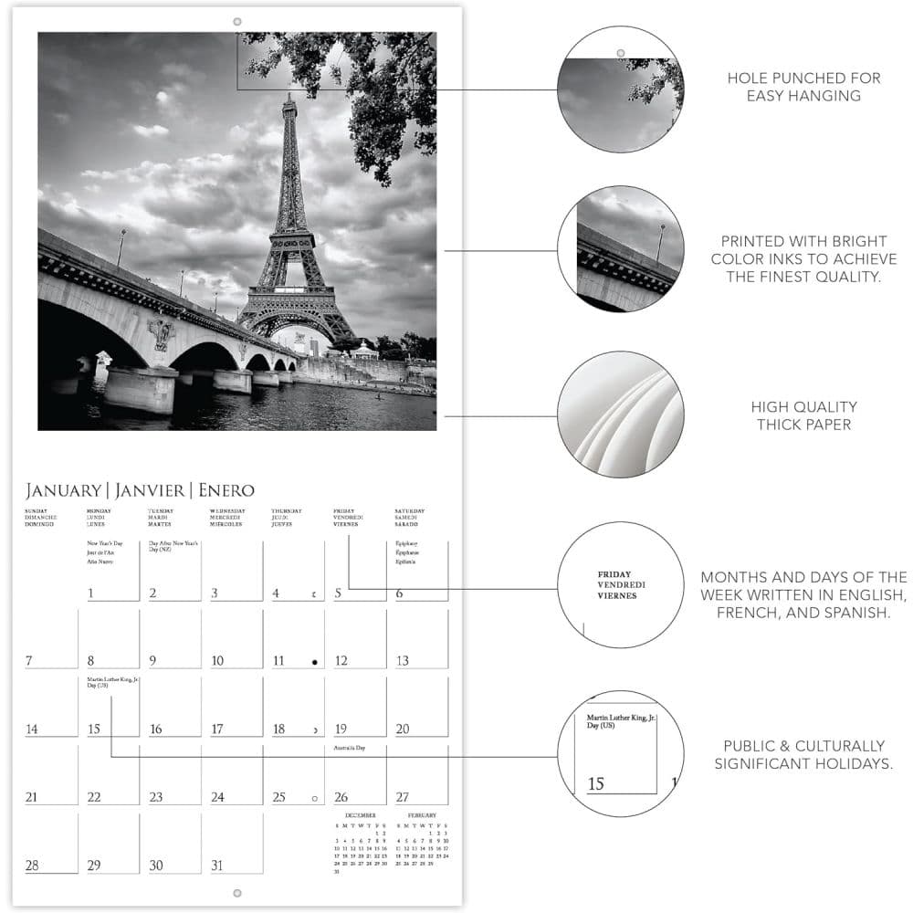 Paris B&amp;W 2024 Mini Wall Calendar Fourth Alternate Image width=&quot;1000&quot; height=&quot;1000&quot;
