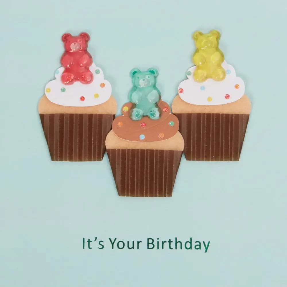 Gummi Bear Cupcakes Birthday Card close up