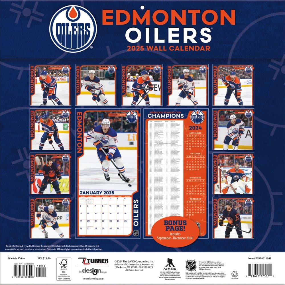 NHL Edmonton Oilers 2025 Wall Calendar back