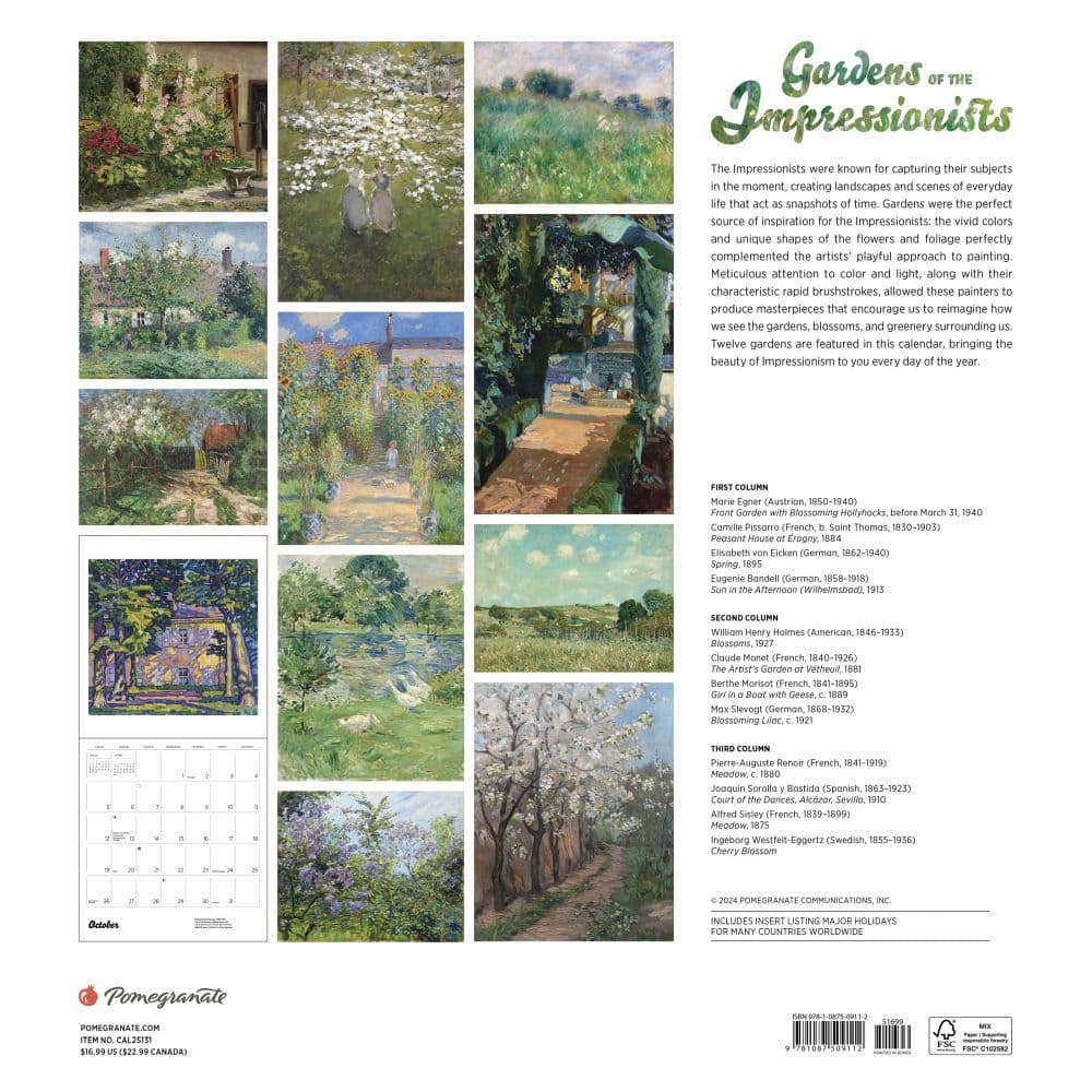 Gardens of the Impressionists 2025 Wall Calendar