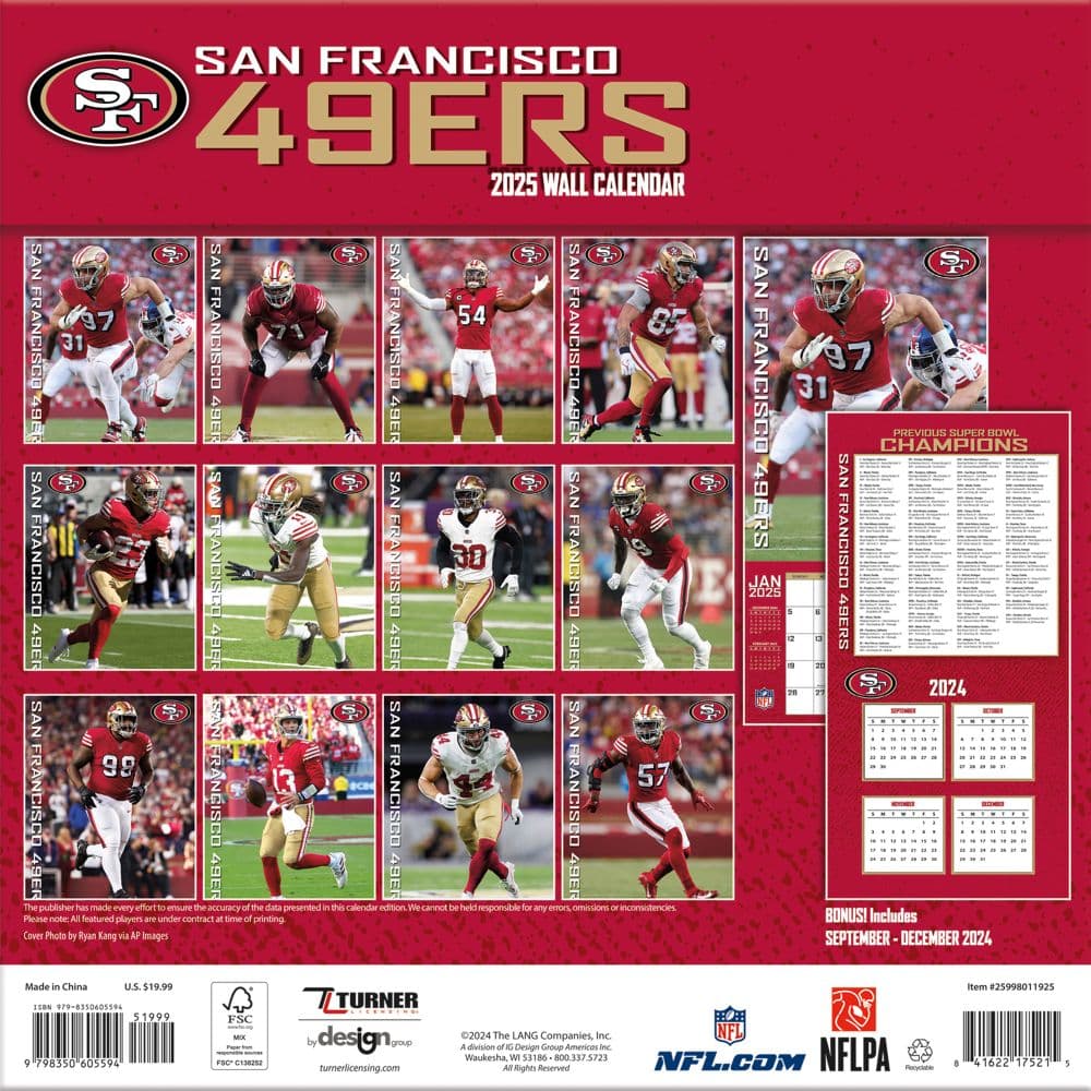 NFL San Francisco 49ers 2025 Wall Calendar back cover