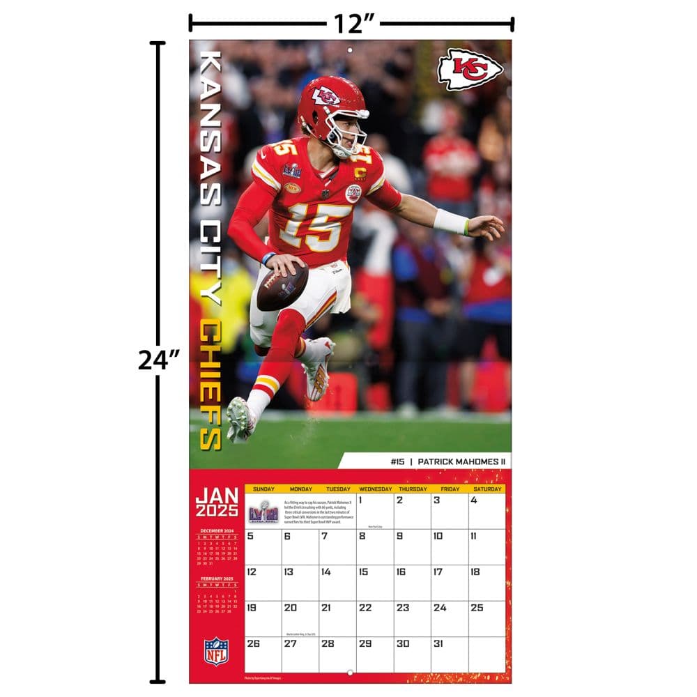 NFL Kansas City Chiefs 2025 Wall Calendar size