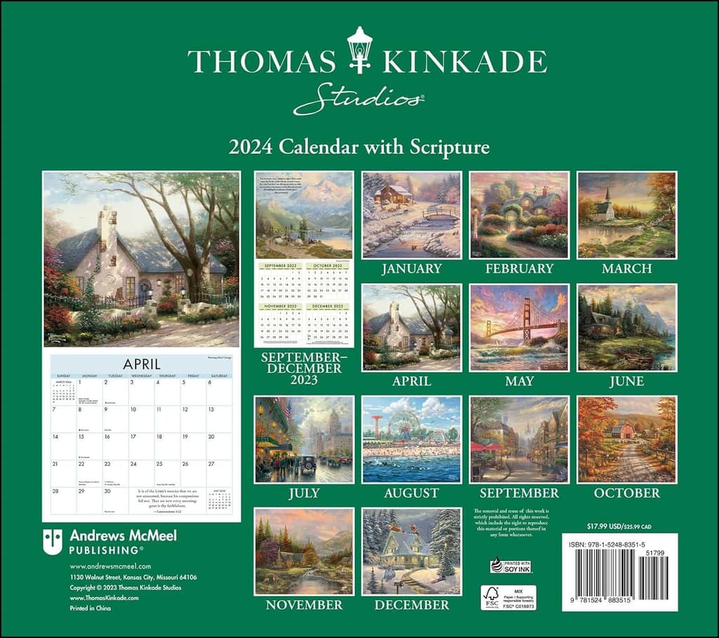 Kinkade Painter of Light Scripture 2024 Wall Calendar Back Cover