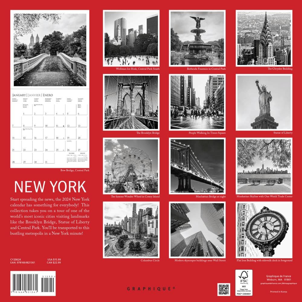 New York B&W 2024 Wall Calendar