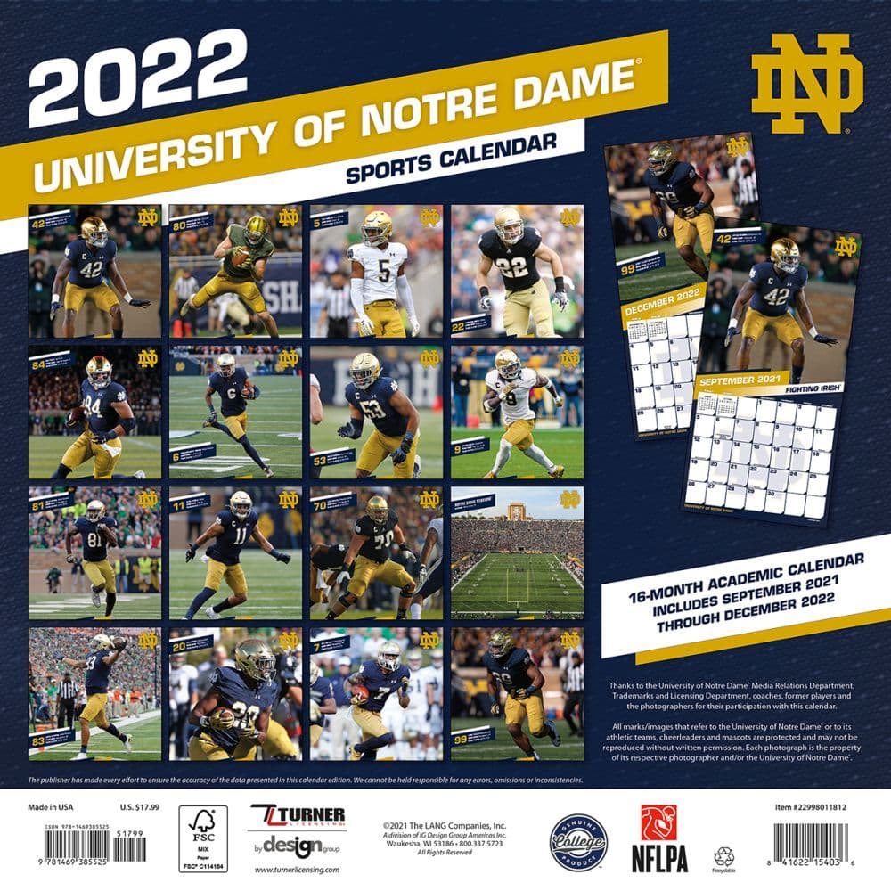 Notre Dame University 2022 Calendar - OneFiveEightTwoThreeFourNine