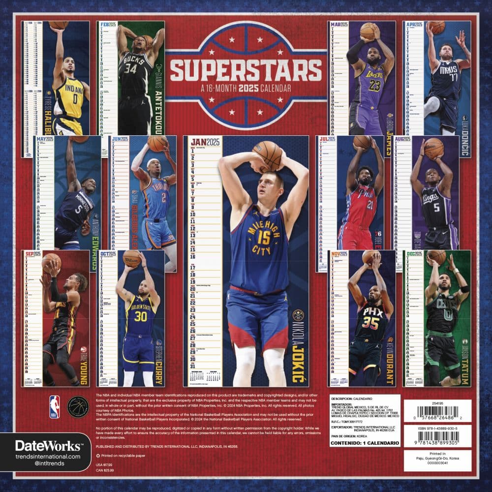 NBA Superstars 2025 Wall Calendar Alt3