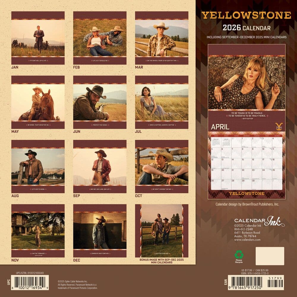 Yellowstone TV 2026 Wall Calendar