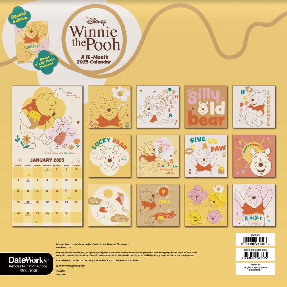 Winnie The Pooh Exclusive with Bonus Print 2025 Wall Calendar