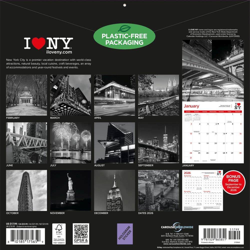 I Love NY Black and White 2027 Wall Calendar First Alternate Image