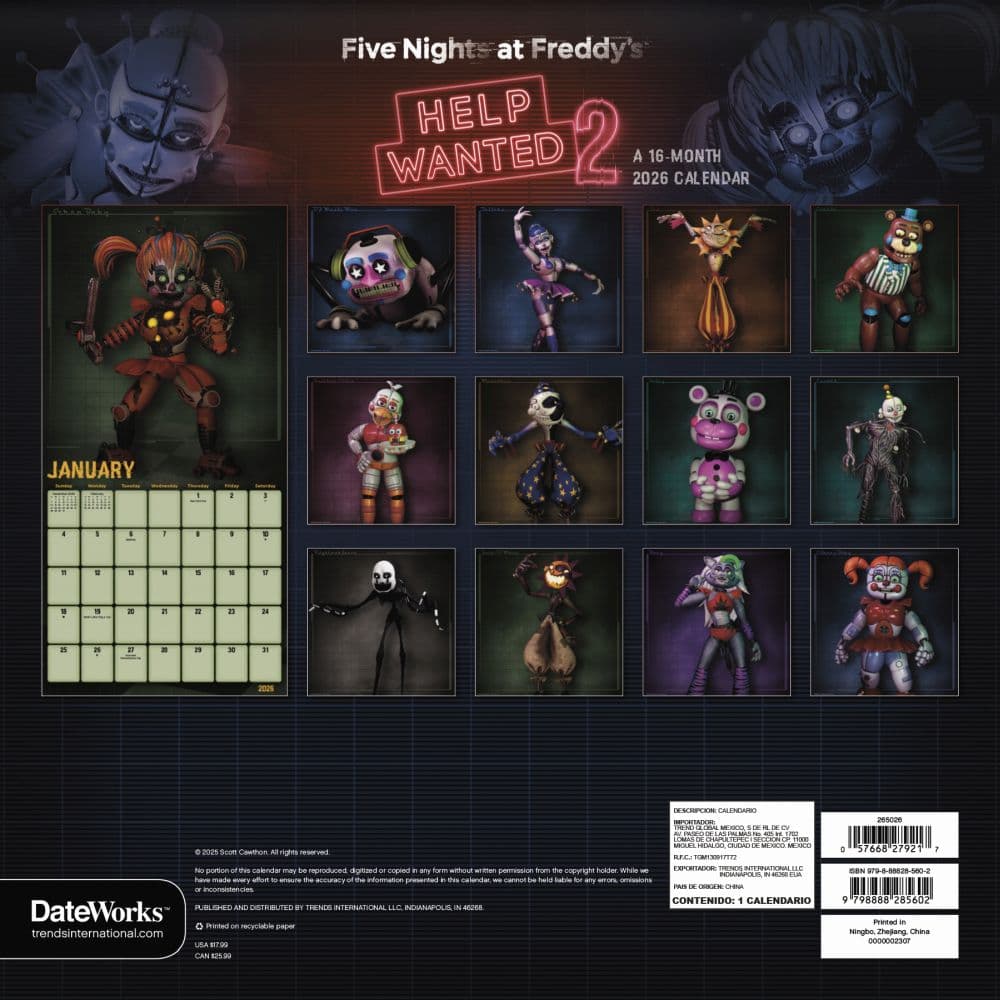 Five Nights at Freddys 2026 Wall Calendar First Alternate Image