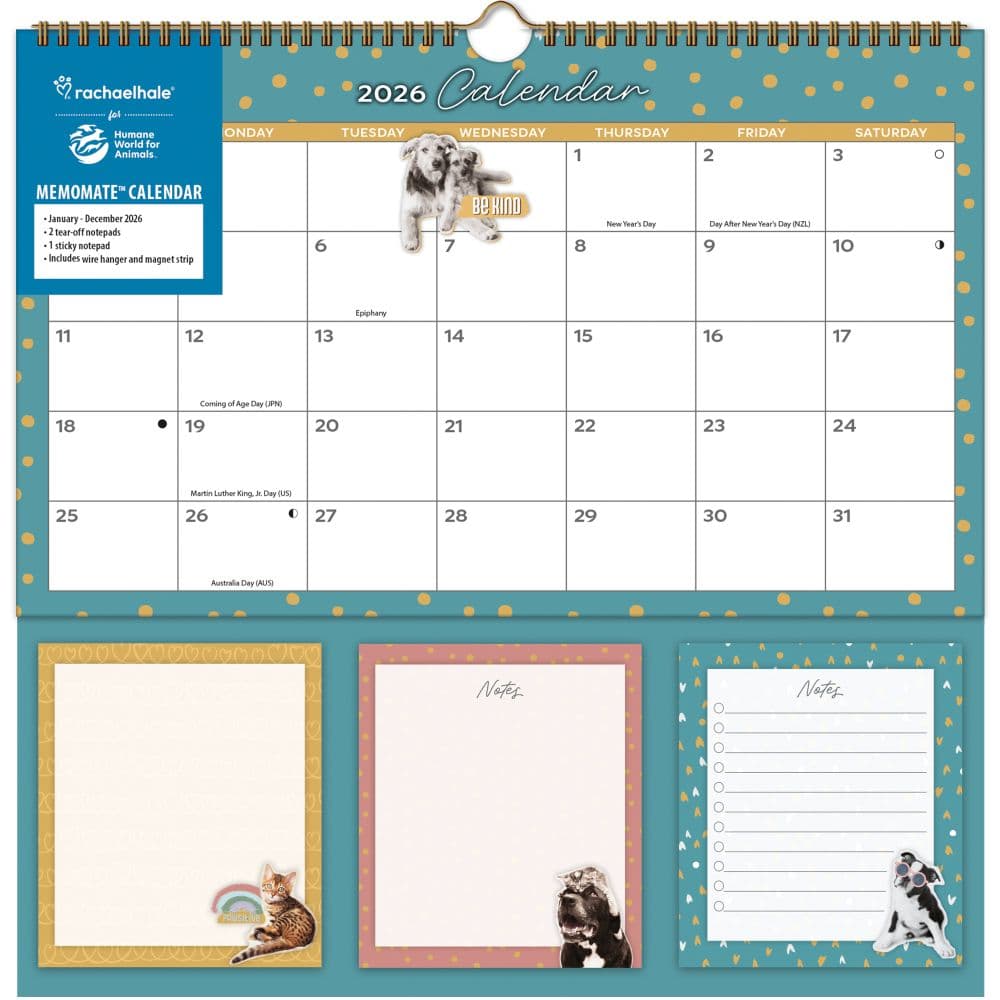 Rachael Hale Loveable Animals 2026 Memomate Spiral Wall Calendar Main Product Image