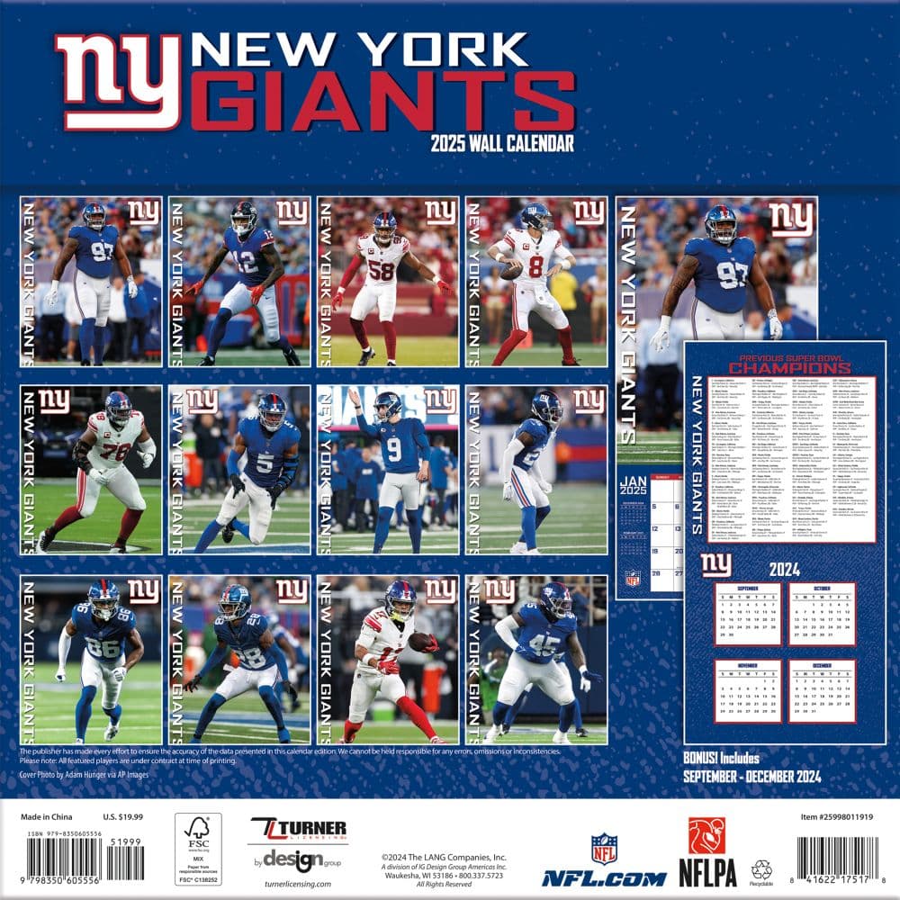 NFL New York Giants 2025 Wall Calendar First Alternate Image