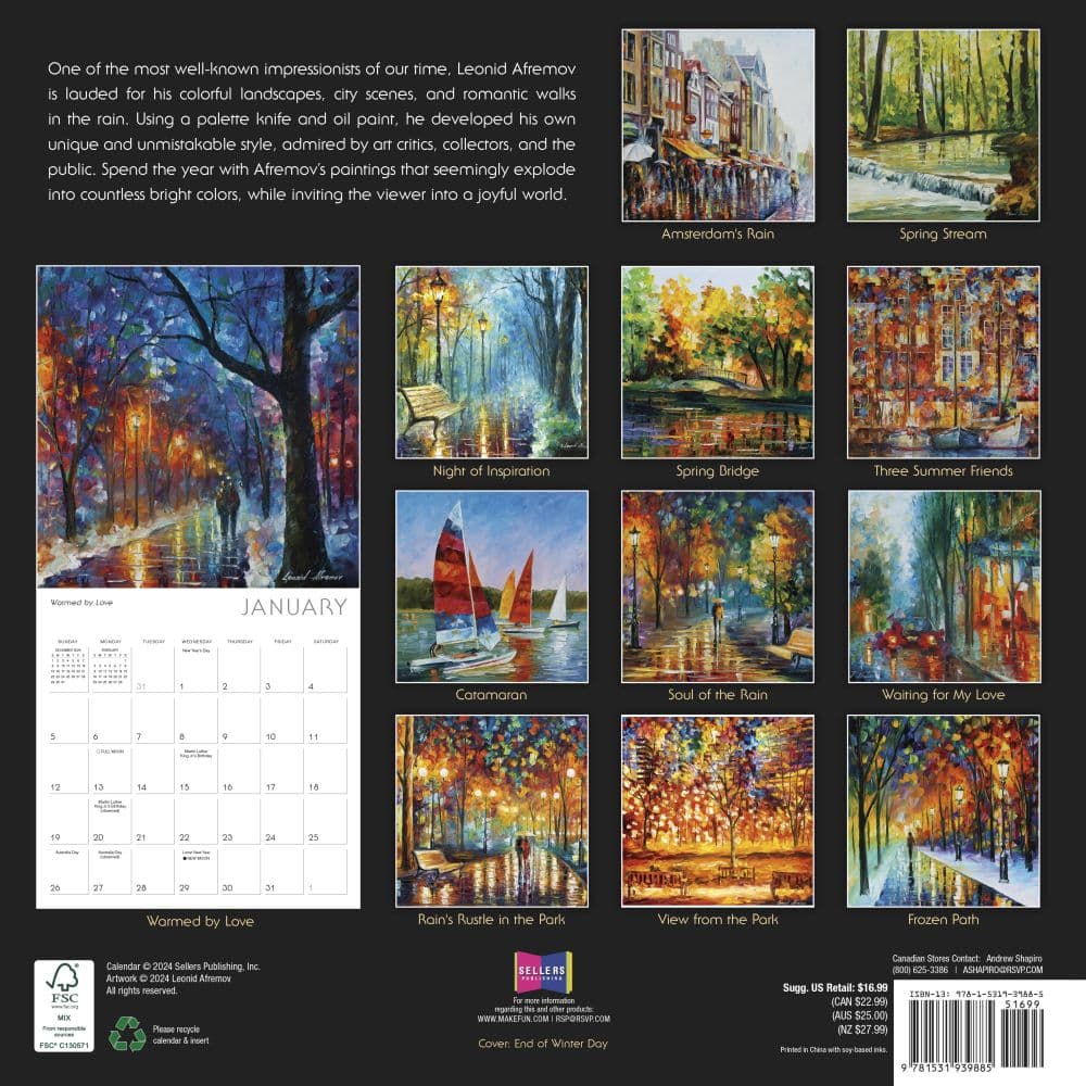 Impressions Of Light by Leonid Afremov 2025 Wall Calendar