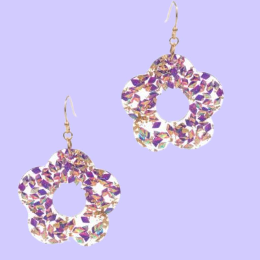 image Flower Drop Purple Glitter Earrings