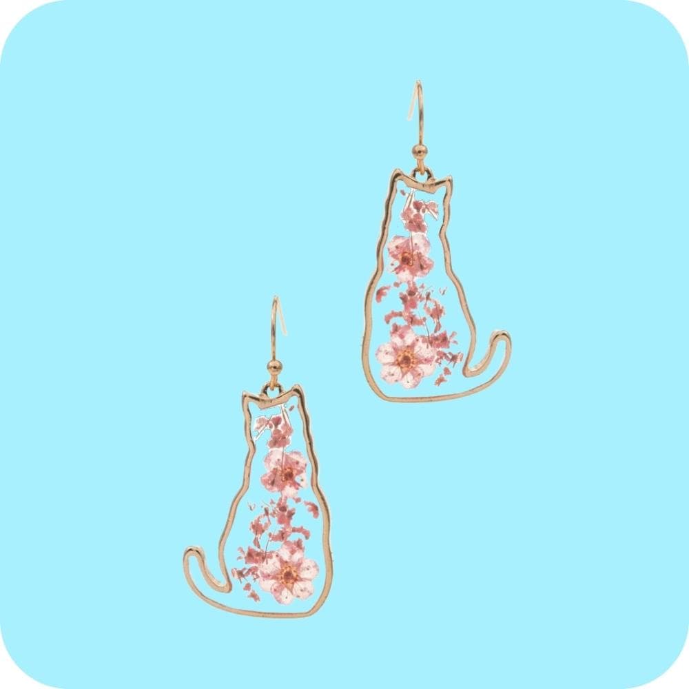 image Pressed Flower Cat Pink Gold Earrings