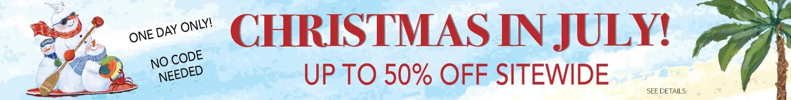 LANG Christmas in July sale — up to 50% off sitewide, including 25% off 2026 calendars and 50% off Christmas cards; features snowmen sledding on a beach.