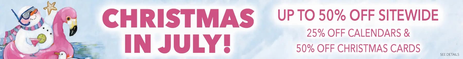 Promo banner offering up to 50% off sitewide, 25% off calendars, and 50% off Christmas Cards, no code needed.